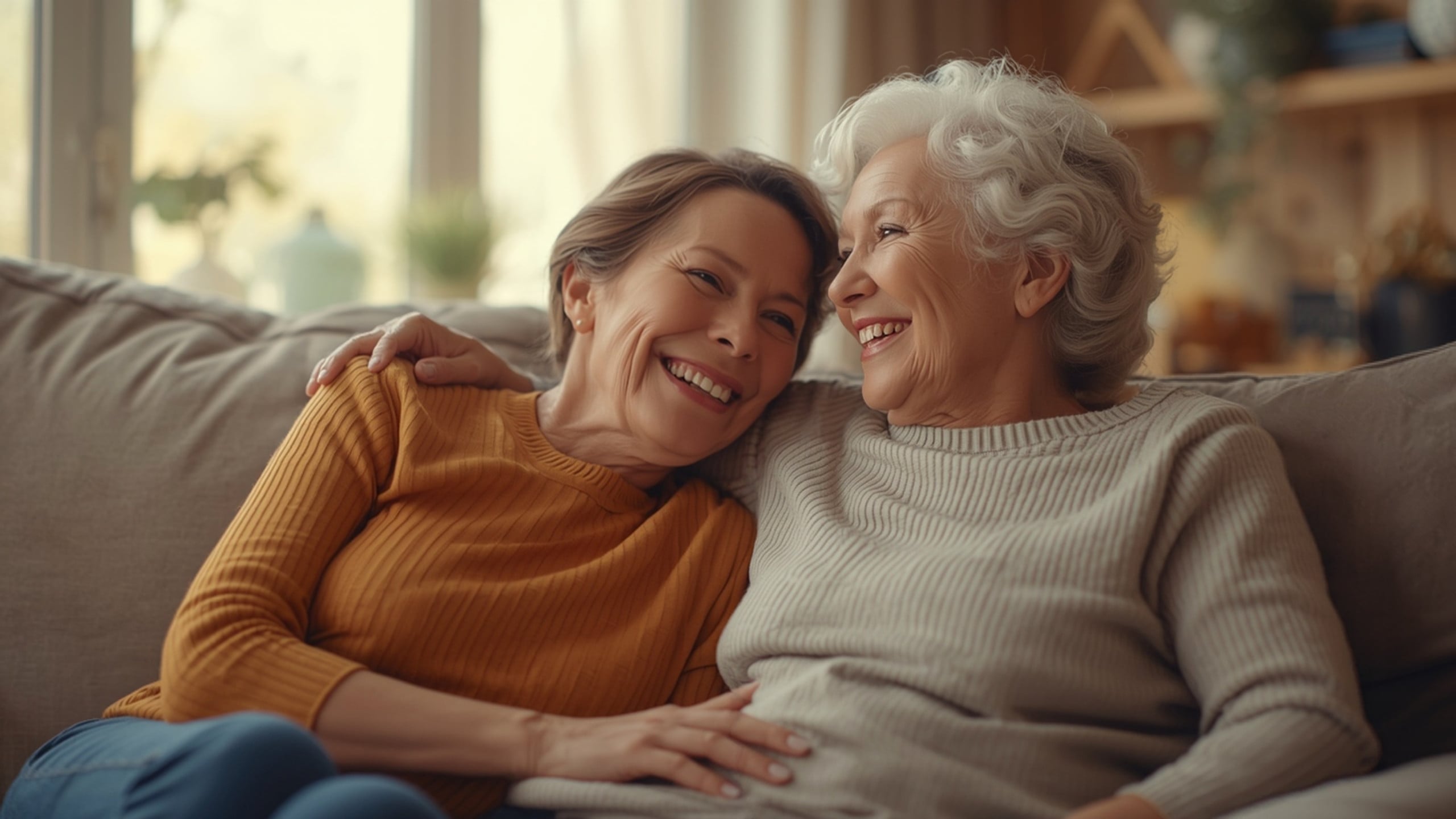 Adult daughter and her smiling mother sitting together on a sofa at home