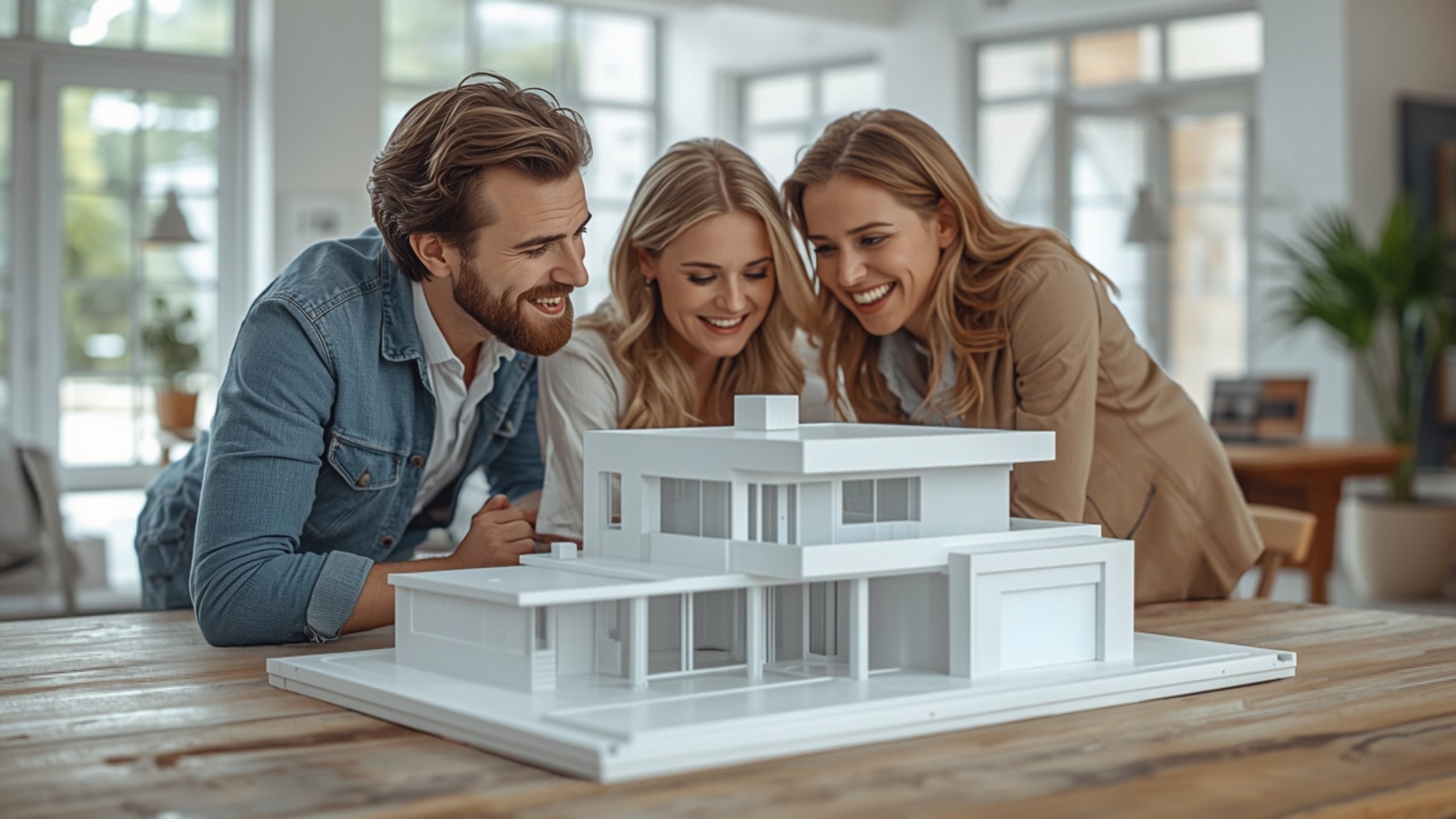 Homeowners reviewing a white architectural scale model of a modern home at a design studio table