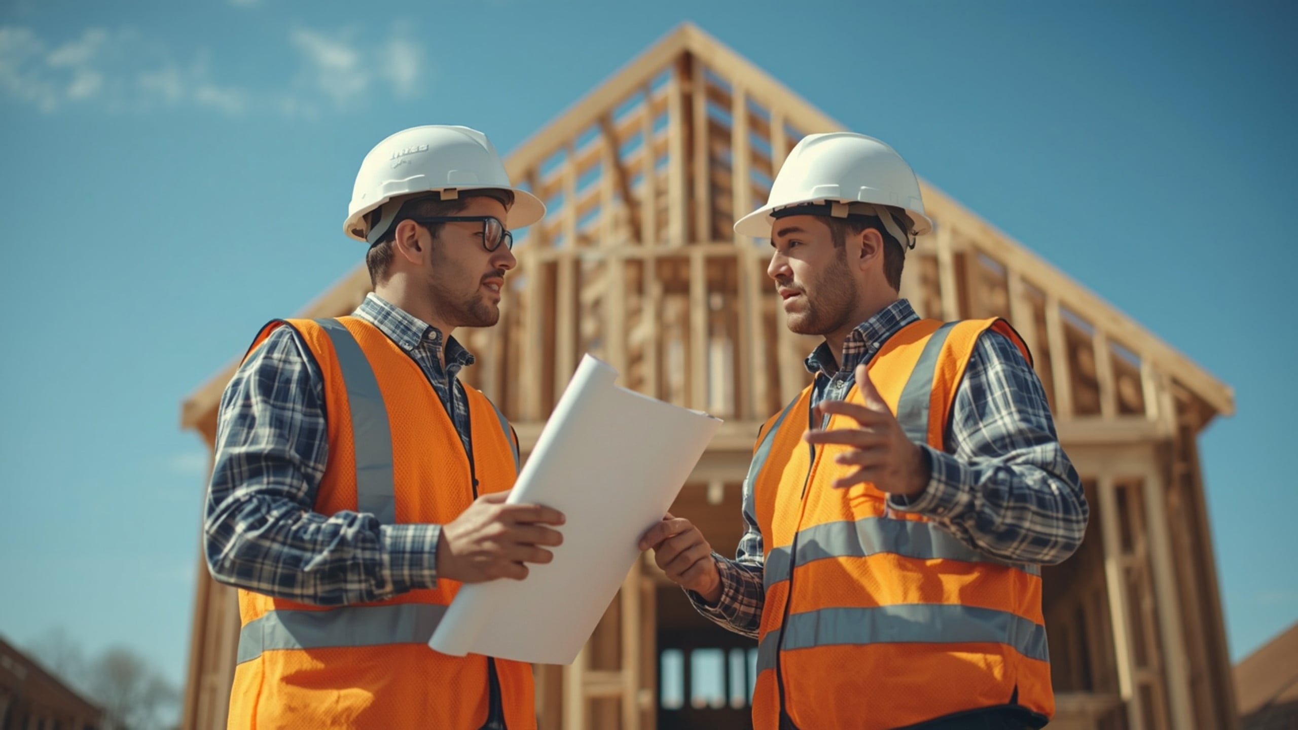 Two builders in hard hats reviewing plans in front of a framed new home