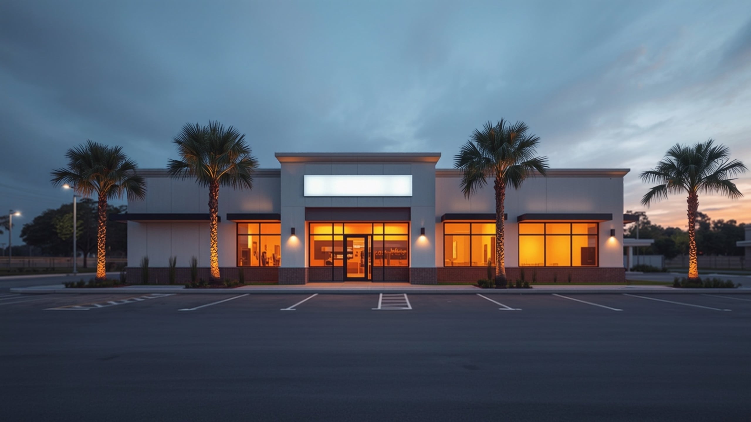 Newly built single-story franchise restaurant and retail building at dusk in Florida