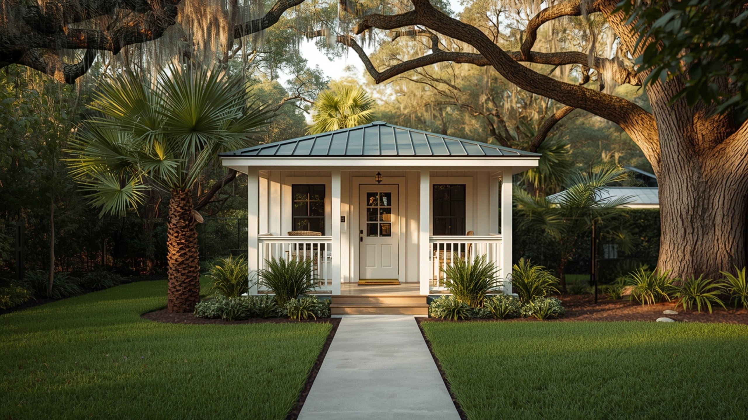 Backyard granny pod cottage with a covered porch under live oaks in Tampa, Florida