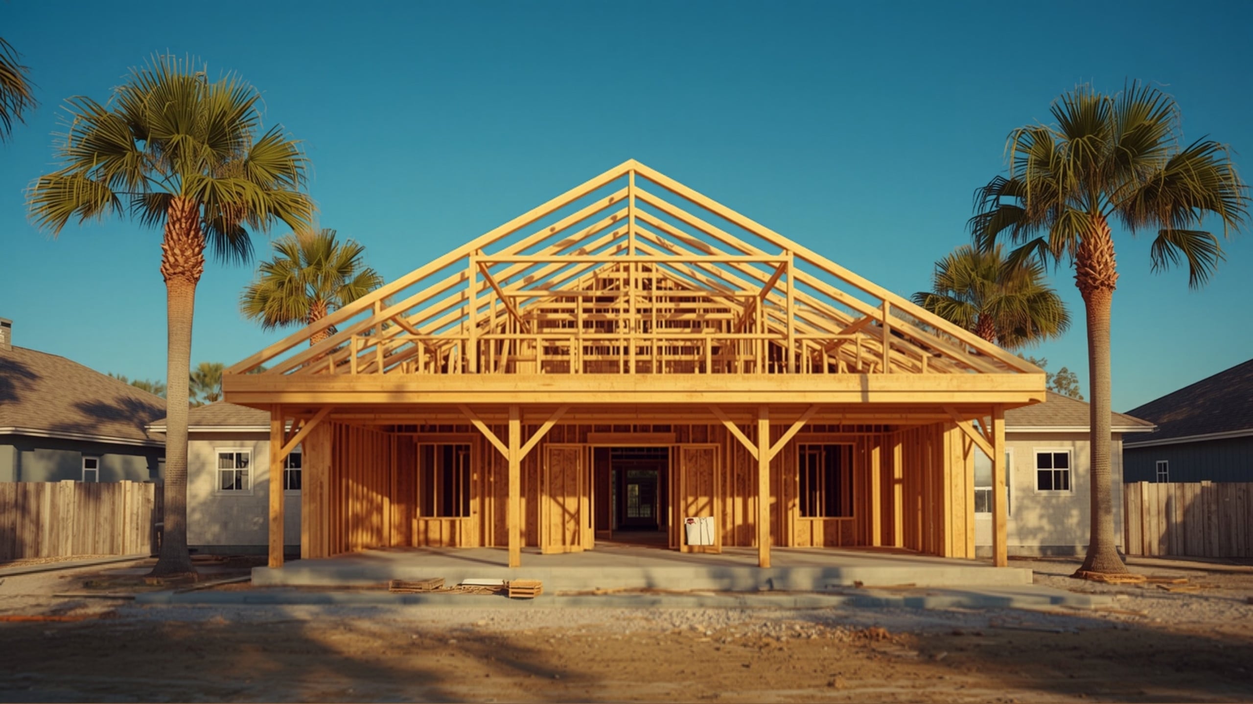 Home addition under construction with new framing attached to a Tampa, Florida house