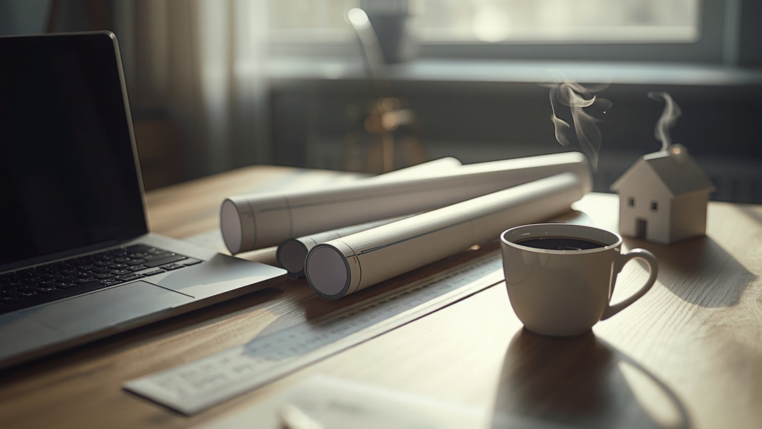 Architect desk with rolled construction drawings, scale ruler, laptop and a small house model