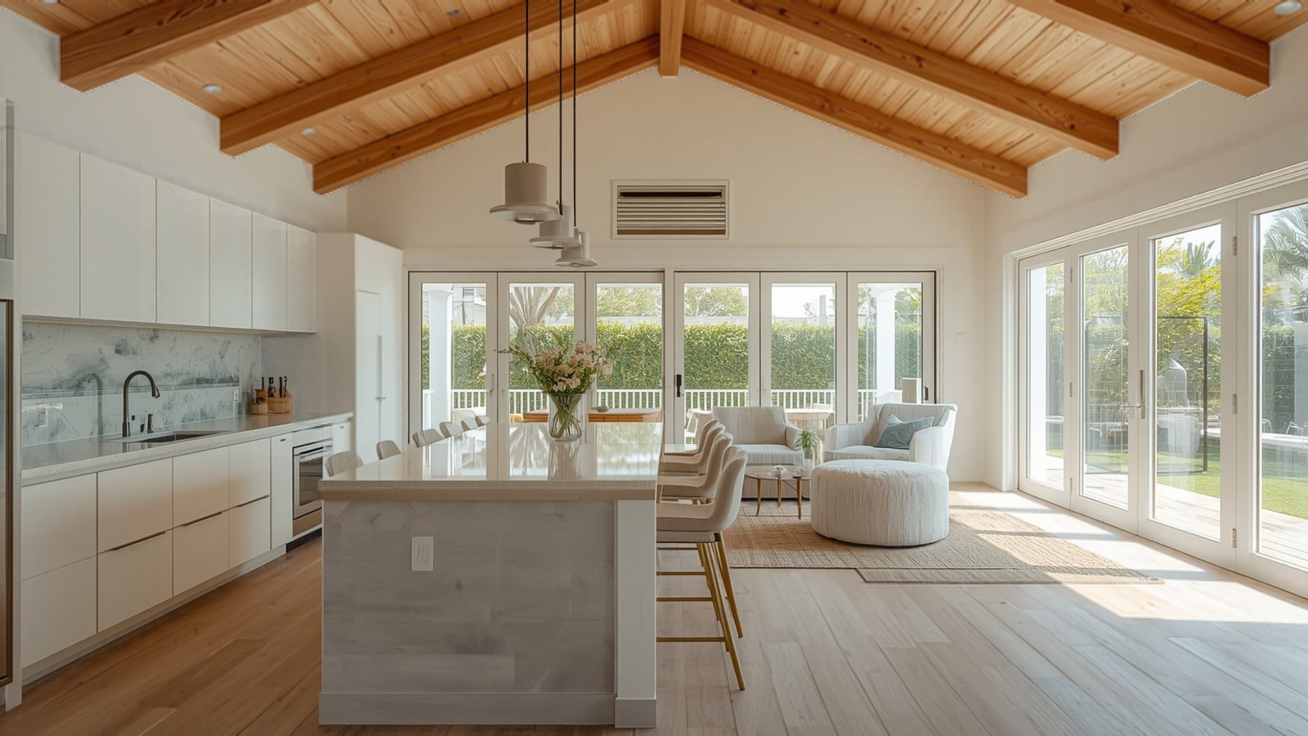 Bright open-plan interior of a small 600 square foot ADU with kitchen and living area