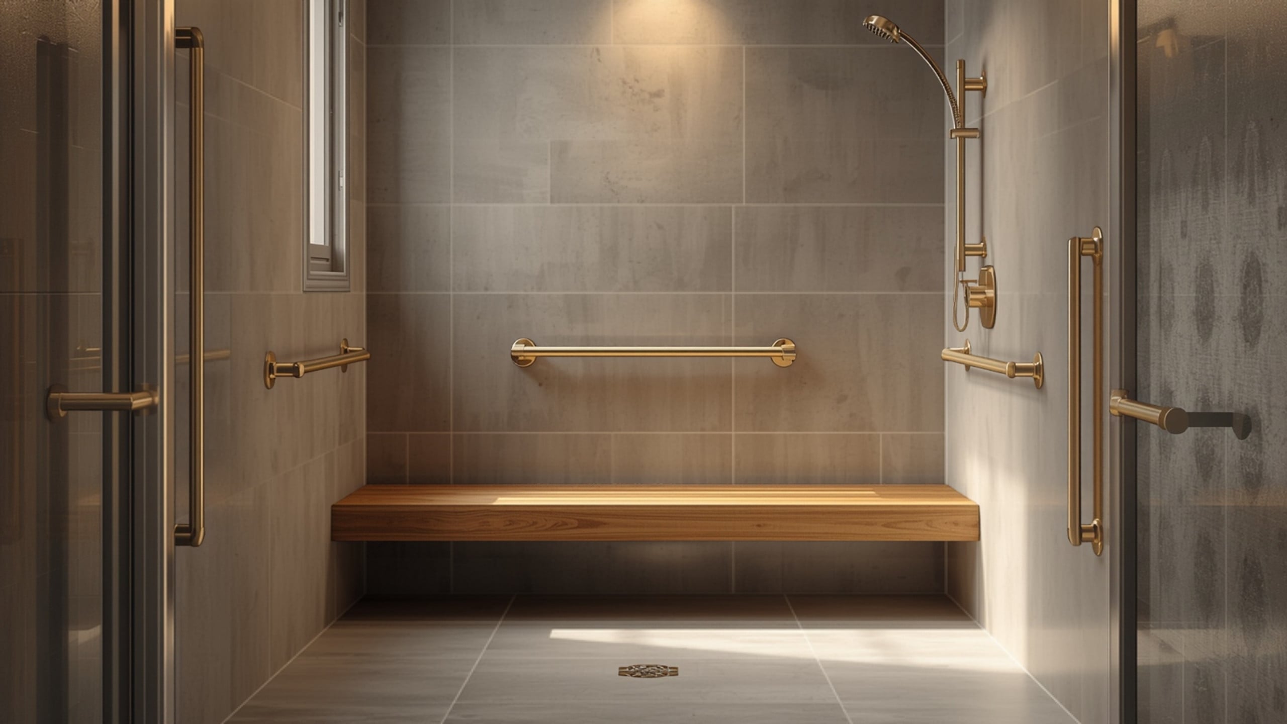 Universal design accessible bathroom with curbless shower, bench and grab bars in an ADU